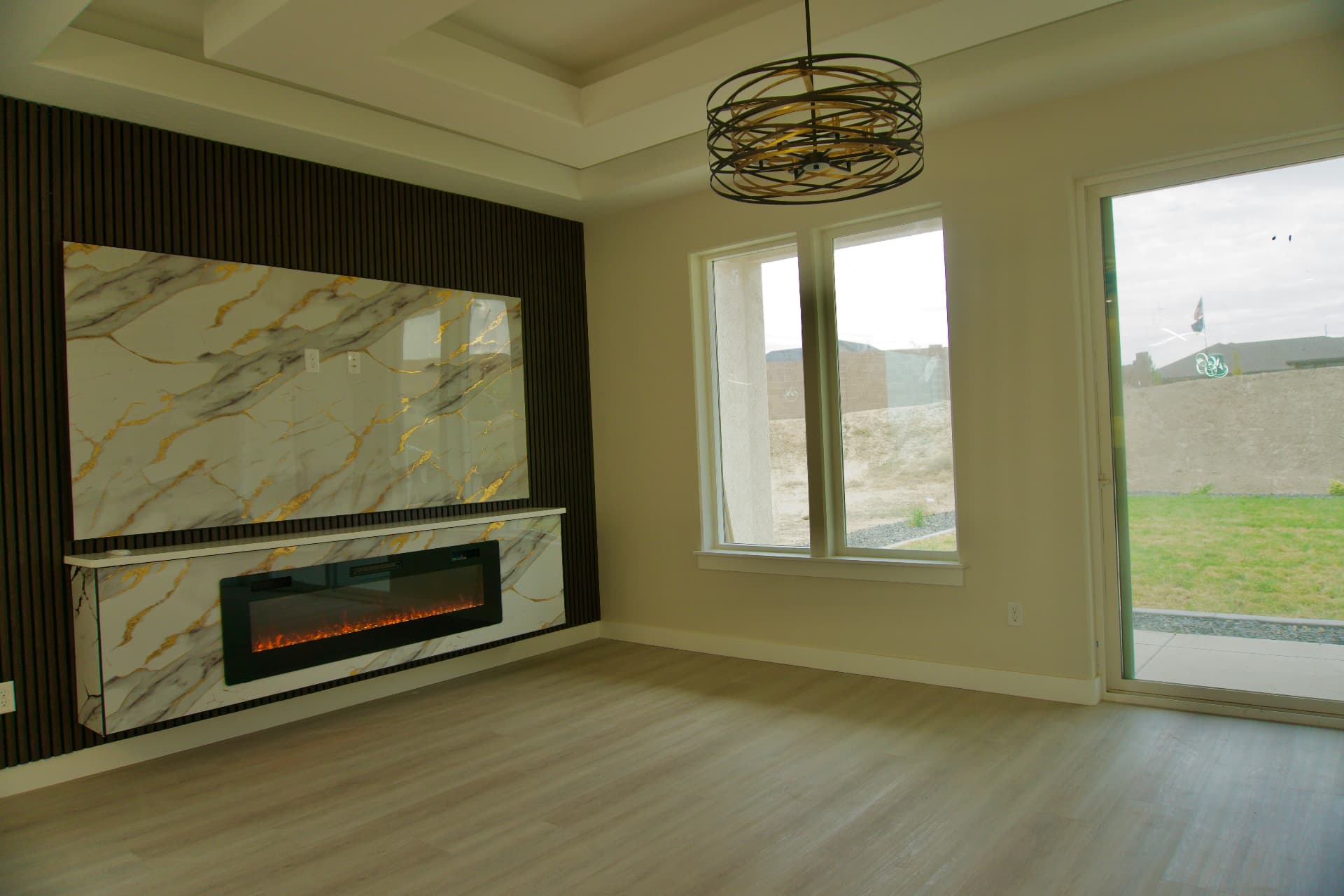 Modern living area with an architectural fireplace